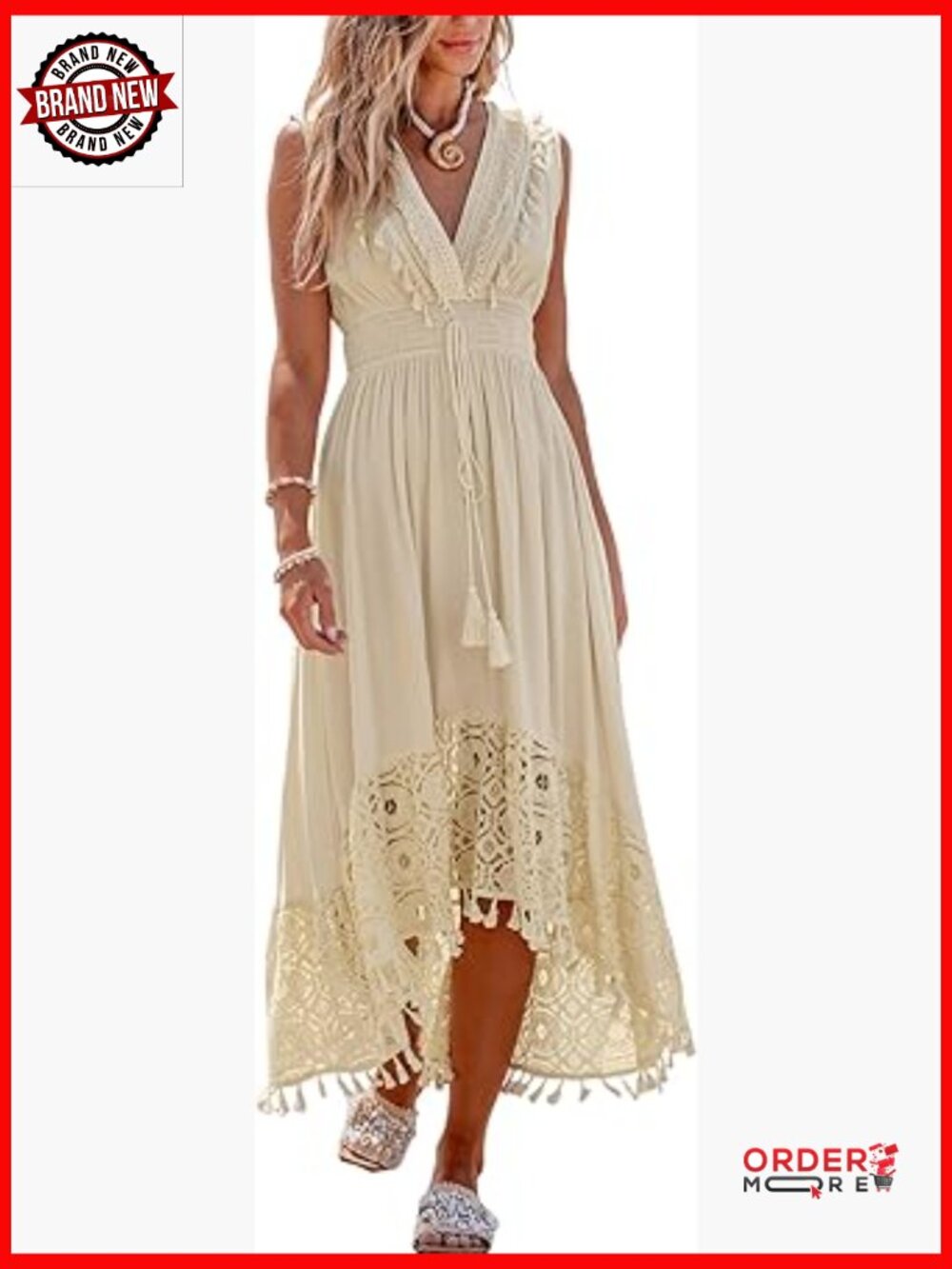 V-Neck Sleeveless Maxi Dress with Lace Tassel Smocked Waist - Picture 1 of 7